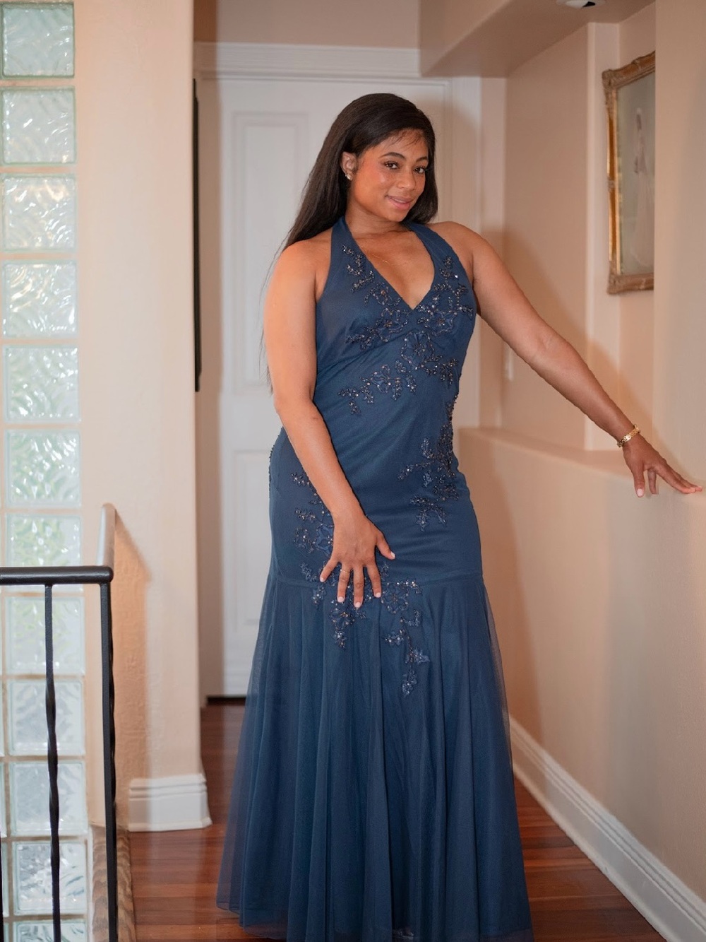Xscape Beaded Halter Mermaid Evening Gown – Size 16 – Navy/Slate Blue
